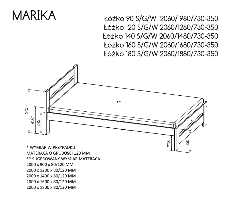 Łóżko « MARIKA » – Kolor Korpusu: sosna na biel