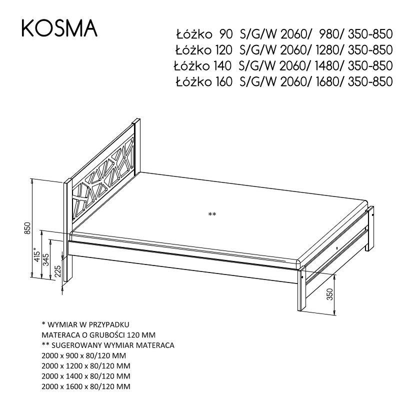 Łóżko « KOSMA » – Kolor Korpusu: sosna na biel