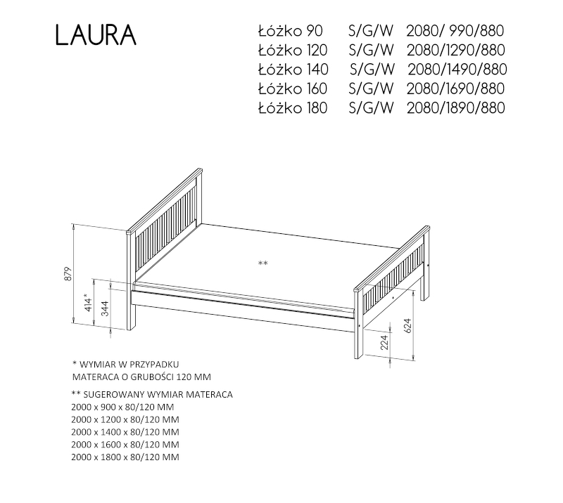 Łóżko « LAURA » – Kolor Korpusu: sosna na antracyt